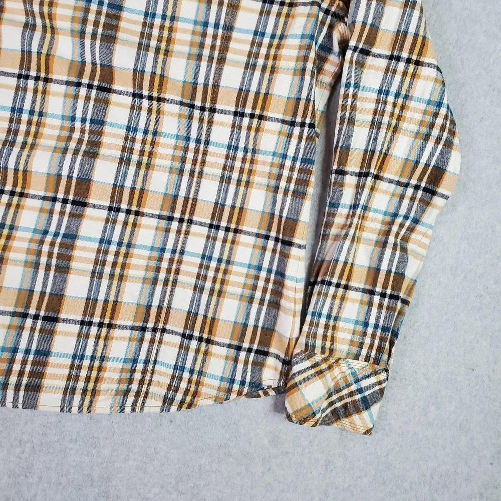 True Religion Shirt Tag Size XXXL Fits 2XL Brown Blue Plaid Pearl Snap Flannel